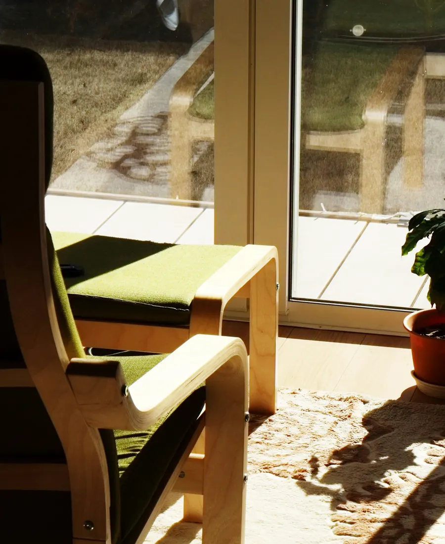 A sunlit armchair beside a window with potted plants