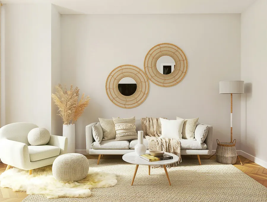 A bright, balanced living room with a cream sofa, woven mirrors and soft natural light