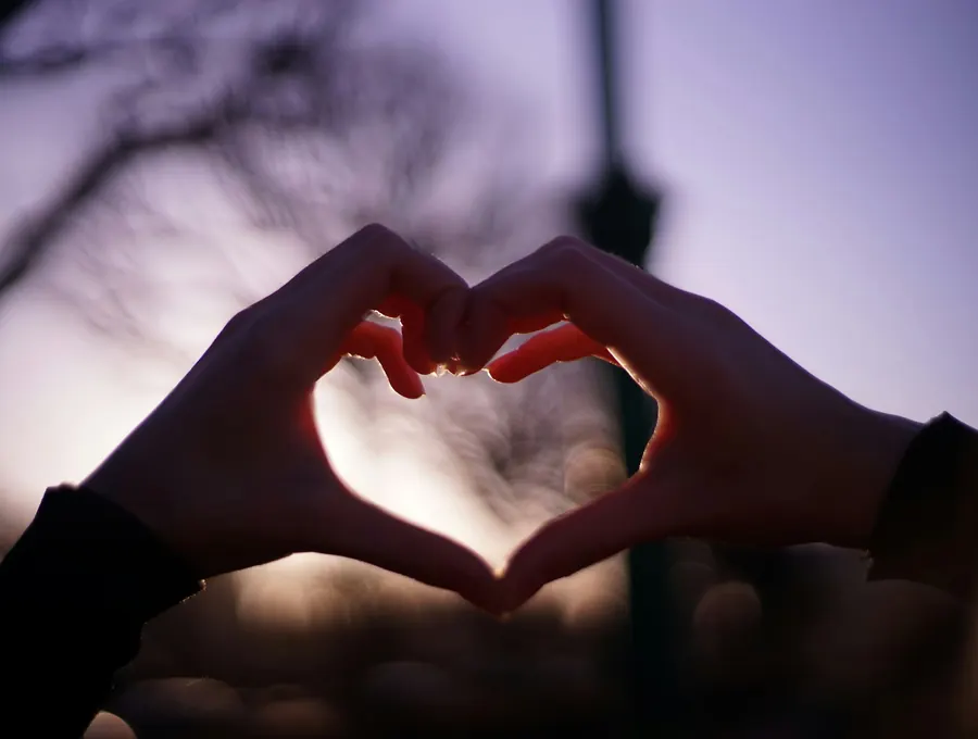 Two hands forming a heart shape against a soft evening sky