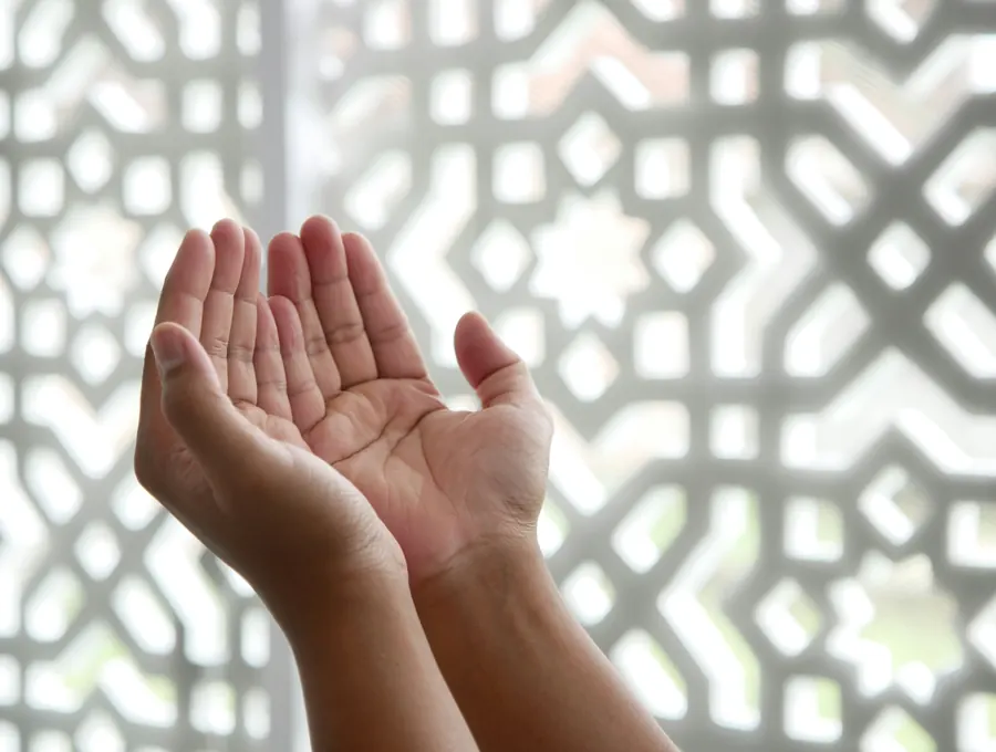Open hands held up in front of a pale geometric lattice window